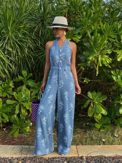 DAZY 印花连体裤，吊带设计，阔腿裤，优雅度假风，适合春秋季穿着。