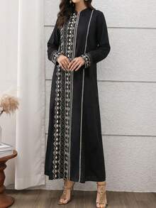 Al Najma 黑色优雅几何印花宽松阿拉伯风格连衣裙 - 黑色 - 查看 6