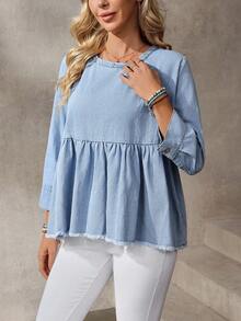 Breezaya Camicetta di jeans ampia con scollo rotondo, maniche a 3/4 e orlo con volant sfrangiato - Blu - Visualizzare 5