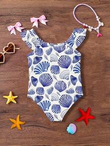 SHEIN Baby Mädchen Muschel Muster Lässig Minimalist Figurbetonter Einteiler Badeanzug, geeignet für Sommer Strand, Urlaub und Fotoshootings - Verschiedenfarbig - Übersicht 5