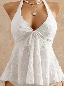 Bellisia Women's Relaxed Vacation Polka Dot Textured Fabric Camisole Bikini Top - White - View 3