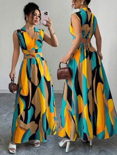 Breezaya Women's Multi-Color Floral Digital Print Design V-Neck Sleeveless Waist Cutout High-Low Hem Elegant Casual Vacation Dress, Suitable For Carnival, Labor Day, Easter, Back To School Party, Teacher's Outfit, Travel, Spring/Summer