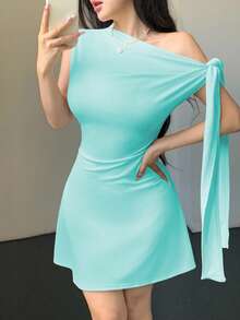 Celisse Vestido corto asimétrico con nudo en la cintura para mujer - Azul - Ver 6