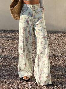 Livesso Fashion Cargo Style High Waist Printed Pocket Casual Women Jeans