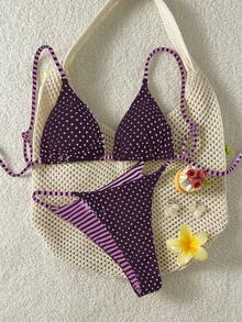 Swim Mod Bộ bikini hai mảnh dành cho nữ, họa tiết kẻ sọc và chấm bi, kiểu dáng thường ngày. - Màu tím - Xem 3
