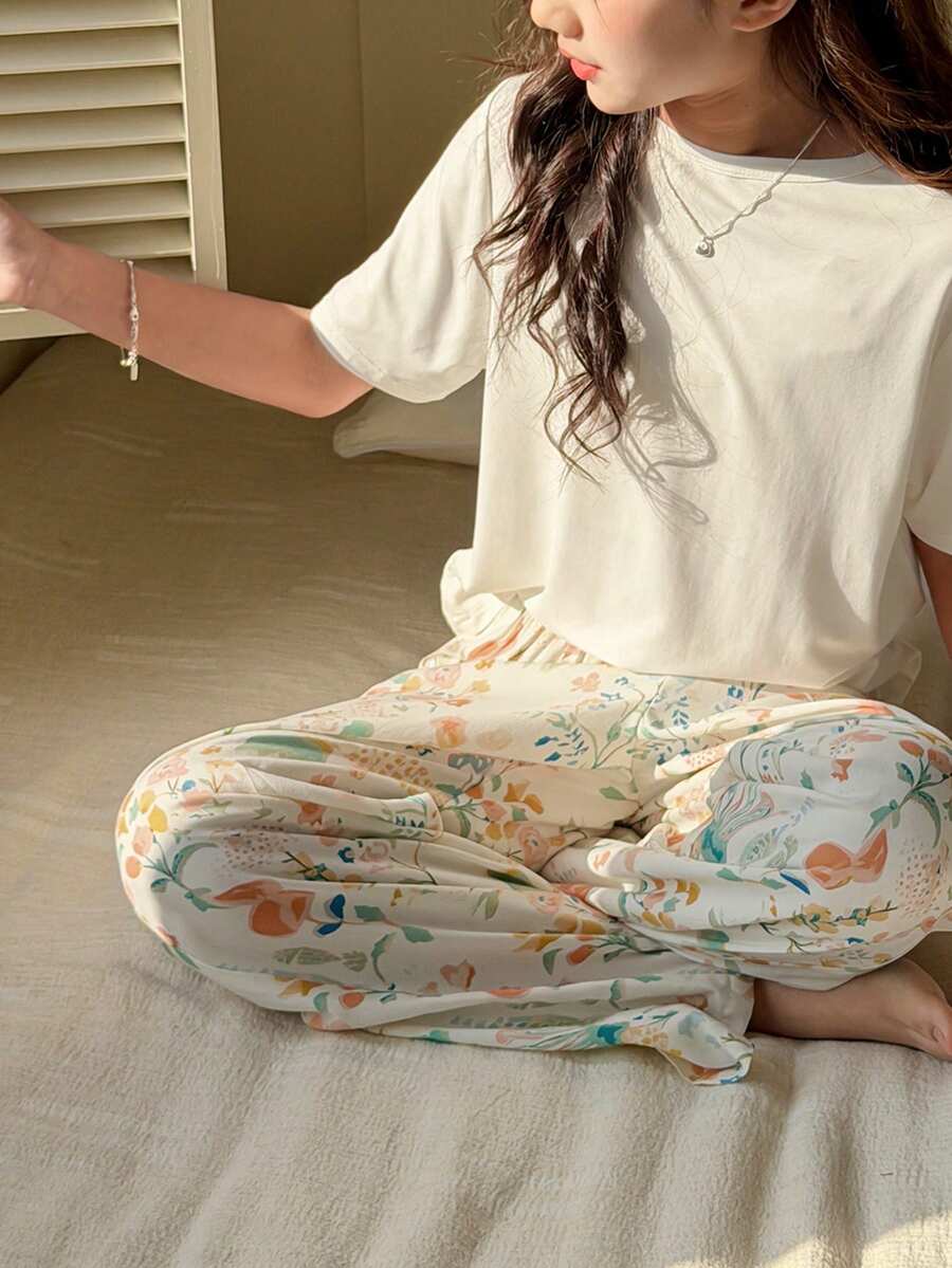 DAZY Tween Girls Solid Color Knit Long Sleeve Half-Zip Top & Floral Print Long Pajama Pants Homewear Set, Fall - Beige - View 1