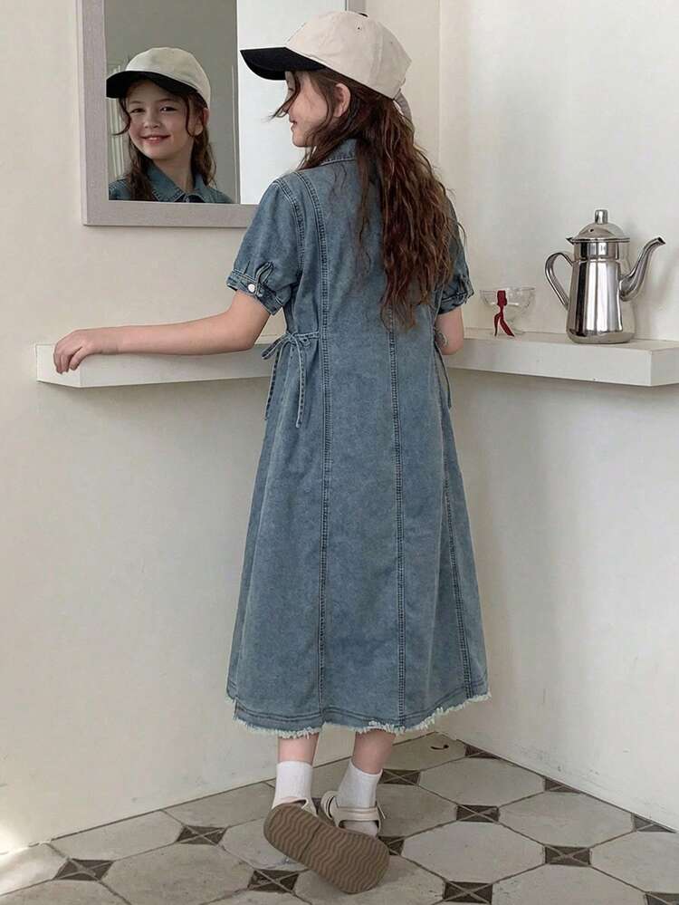 Tween Girls Denim Collared Short Sleeve Dress Summer