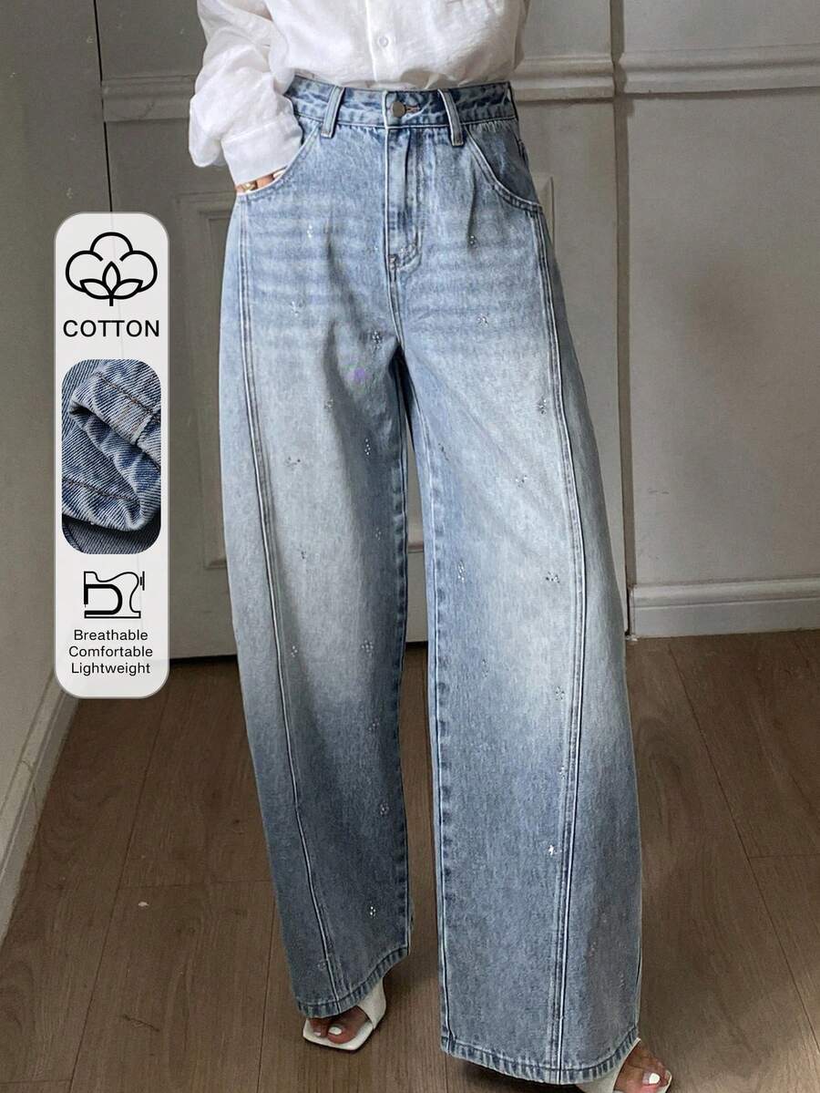 DAZY Women's Regular Waist Rhinestone Decor Casual Barrel Leg Jeans Y2k - Light Wash - View 1