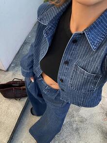 DAZY Women's Striped Collar Short Jacket And Straight Leg Casual Denim Pants Set Y2k