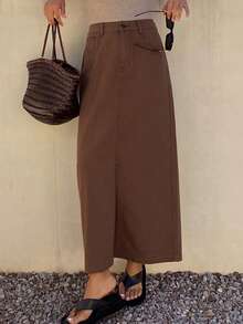 DAZY 女士休闲水洗牛仔A字裙，春夏款 - 咖啡棕 - 查看 4