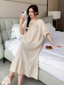 DAZY 可爱小熊英文图案波点印花宽松短袖连衣裙，夏季女士家居服 - 杏色 - 查看 10