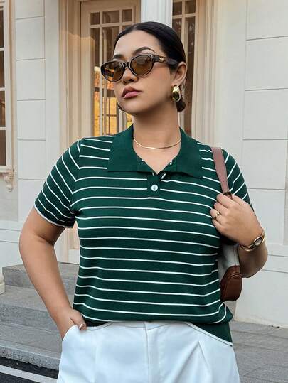 Dazy Plus Solid Color Polo Collar Fitted Short Sleeve Knit Top, Spring/Summer/Autumn