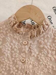 Young Girl Mandarin Collar Jacquard Sleeveless Shirt Top And Mini Skirt Vacation Outfit Set - Brown - View 6