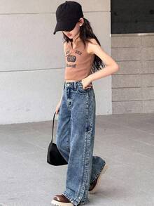 SHEIN Tween Girls' Casual Single-Breasted Pocket Straight-Leg Jeans, Versatile For Daily Wear - Dark Wash - View 4