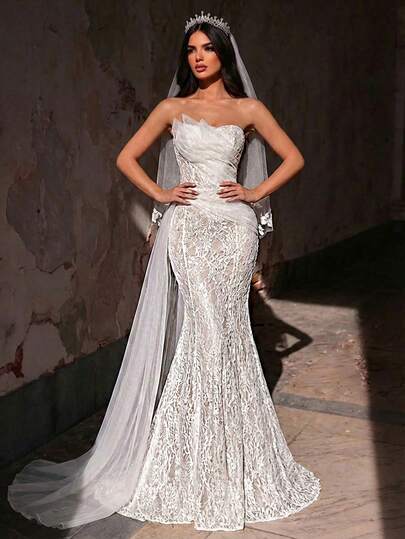 Glamrae Elegant White Luxurious Pearl Lace Sequin Strapless Gown With Unique Front Panel, Draped Side Cascading Ruffles, Fishtail Hem, Suitable For All Formal Occasions, Weddings, Bridal Gown