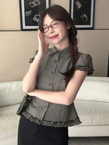 DAZY Women's Plaid Casual Short Sleeve Korean Style Blouse Summer - Black - View 2