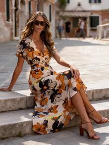 Balvessa Elegant Ditsy Floral Waist Cinched Dress, Spring/Summer - Multicolor - View 5