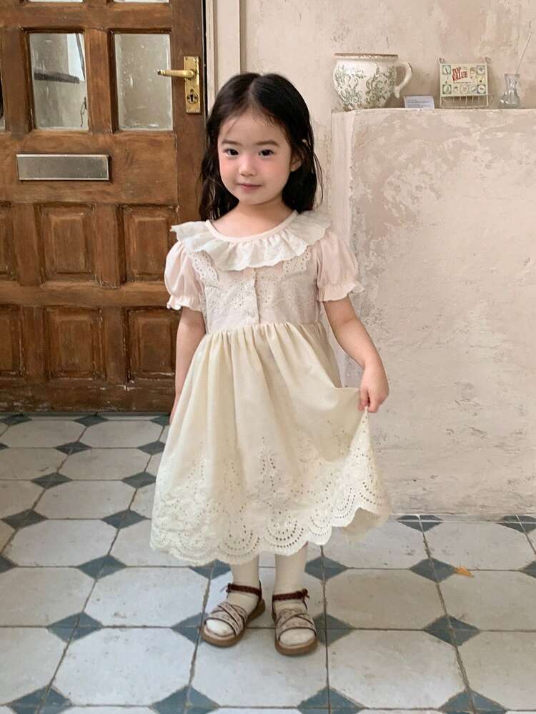 Baby Girl Round Neck Ruffle Lace Short Sleeve Dress