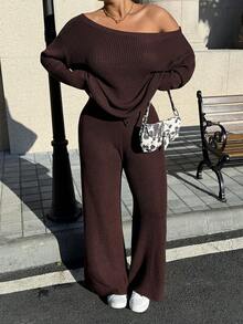 Muchica Plus Size Asymmetric Collar Long Sleeve Sweatshirt And Pants Casual Suit - Brown - View 6