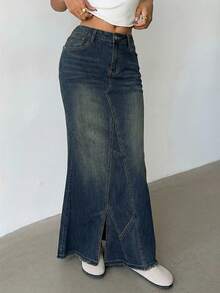 Aloruh Women's Casual Washed Asymmetric Pocket Fishtail Hem Denim Mini Skirt, Summer - Blue - View 5