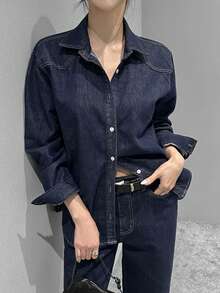 DAZY Loose Long Sleeve Stylish Fashionable Retro Denim Blouse For Women - Dark Wash - View 7
