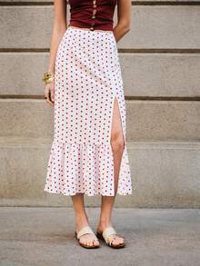 SHEIN Raffinéa Women's Retro Red & White Polka Dot Slit Skirt, High Waist Slimming Mermaid Hem Skirt, Flowy Elegant Office & Vacation Versatile Long Skirt