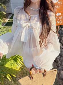 DAZY 女士蝴蝶结衬衫上衣，夏季度假衬衫 - 杏色 - 查看 1