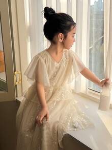DAZY Girls (Small) V-Neck Sequin Korean Style Party Birthday Ruffled Hem Embellished Spring/Summer Dress - Apricot - View 5
