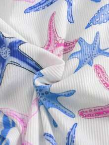 Swim Mod 大码女式海星印花挂脖比基尼套装，贝壳装饰，夏季泳装 - 彩色 - 查看 3