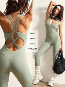 VARSIVA Green Backless Athletic Jumpsuit, Deep V-Neck Yoga Jumpsuit, Suitable For Everyday Wear, Fitness, Yoga, Running, Pilates, And Spring Summer Fall And Winter. - Black - View 11