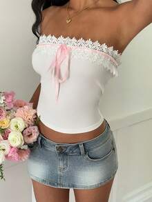 Sunnyshic Elegant Women's Bandeau Top With Pink Ribbon And Lace Trim - Pink - View 1