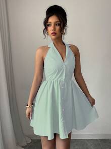 Elenzga Đầm ngắn nữ kẻ sọc cổ yếm cài một hàng cúc, kiểu dáng thời trang, thanh lịch, thích hợp cho hẹn hò và dự tiệc. - màu xanh lá - Xem 3