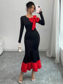 Elenzga 女士撞色蝴蝶结装饰露肩优雅收腰长袖鱼尾连衣裙，适合派对和活动 - 紅色 - 查看 3