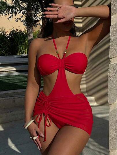 Swim SXY 2pcs/Set Women's Sexy Beaded Decor Halter Hollow Back Brazilian Style Thong Monokini With Cover Up Skirt, Suitable For Summer Party, Beach, Vacation