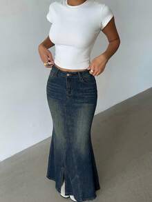 Aloruh Women's Casual Washed Asymmetric Pocket Fishtail Hem Denim Mini Skirt, Summer - Blue - View 6