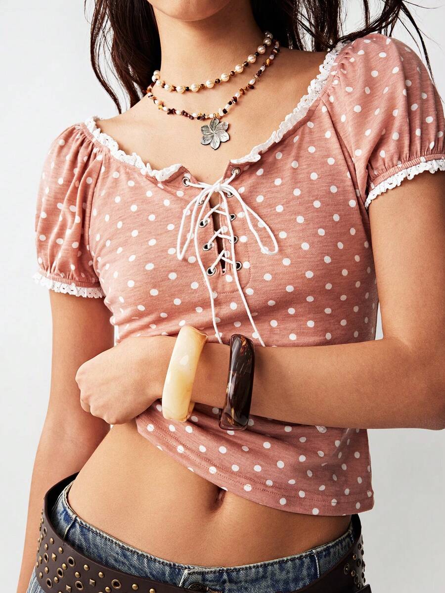 Bohemela Casual Polka Dot Pattern Fitted Women T-Shirt - Dusty Pink - View 1