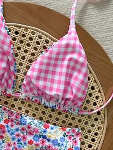 Swim Mod 2件套女士可爱甜美风挂脖上衣和侧系带三角比基尼泳裤套装，夏季 - 彩色 - 查看 5