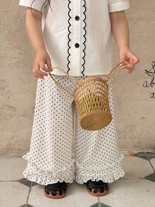 DAZY Toddler Girls' Polka Dot Loose Wide Leg Casual Pants, Versatile All-Over Print, Spring/Summer - White - View 5