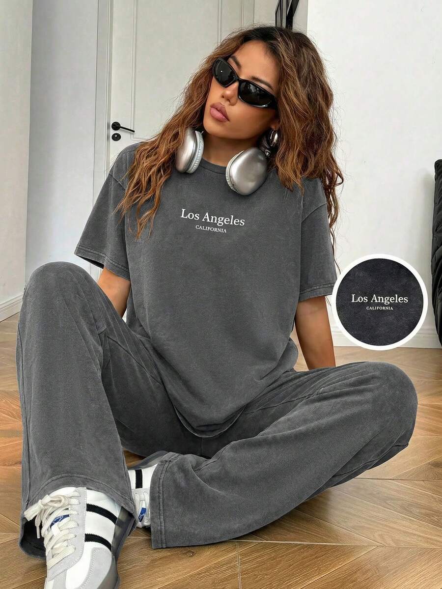 SHEIN EZwear 加大码深灰色雪花印花短袖T恤和裤子套装 - 深灰色 - 查看 1