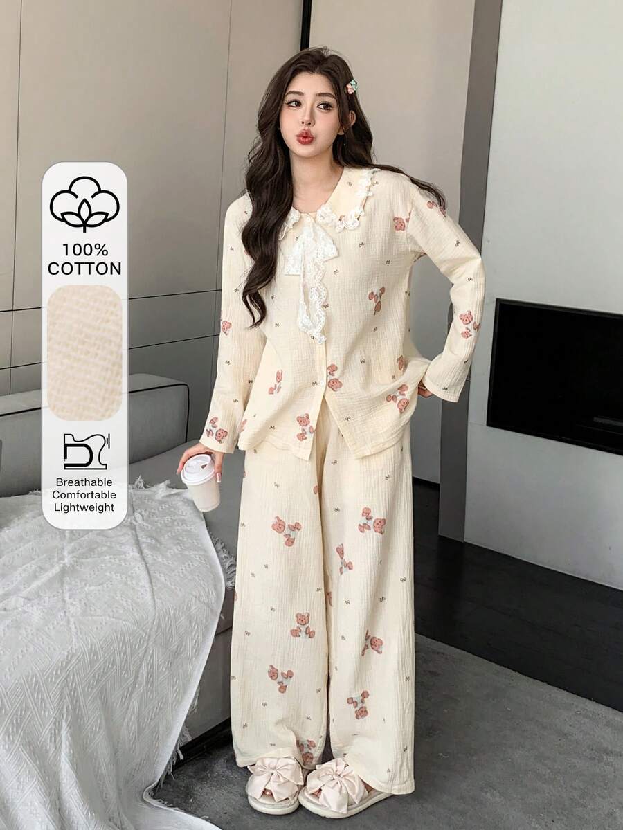 DAZY Cute Bear & Bow Print Lace Trim Peter Pan Collar Women Pajama Set - Apricot - View 1