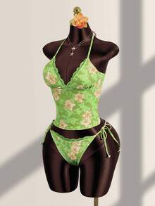 Zestiva Women's Summer Vacation Casual Beachwear Tropical Floral Print Strapless Strapless Vest Tank Top Bikini Lace Trim Two Pieces Swimwear Set - Green - View 3