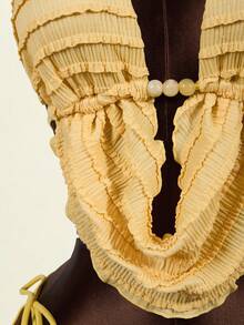 Zestiva 3pcs Women's Swimsuit Set With Beaded Tie Front Halter Bikini Top And High-Waisted Ruffle Skirt, Spring/Summer - Yellow - View 7