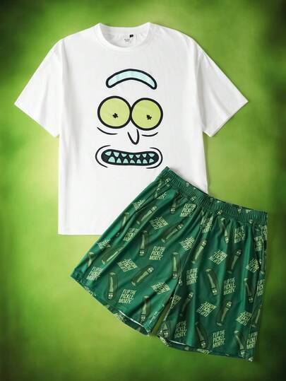 Rick and Morty X SHEIN 男士夏季卡通人物图案圆领上衣和短裤家居服套装