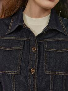 Dazy-Less 女士翻领单排扣长袖夹克，带口袋和纽扣，阔腿牛仔裤休闲套装，适合日常穿着，商务休闲女装 - 藍色 - 查看 3