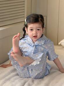 DAZY Bộ đồ ngủ 2 mảnh thoải mái kiểu Hàn Quốc cổ bẻ in hình hoạt hình cún con cho bé gái - Màu xanh nhạt - Xem 4