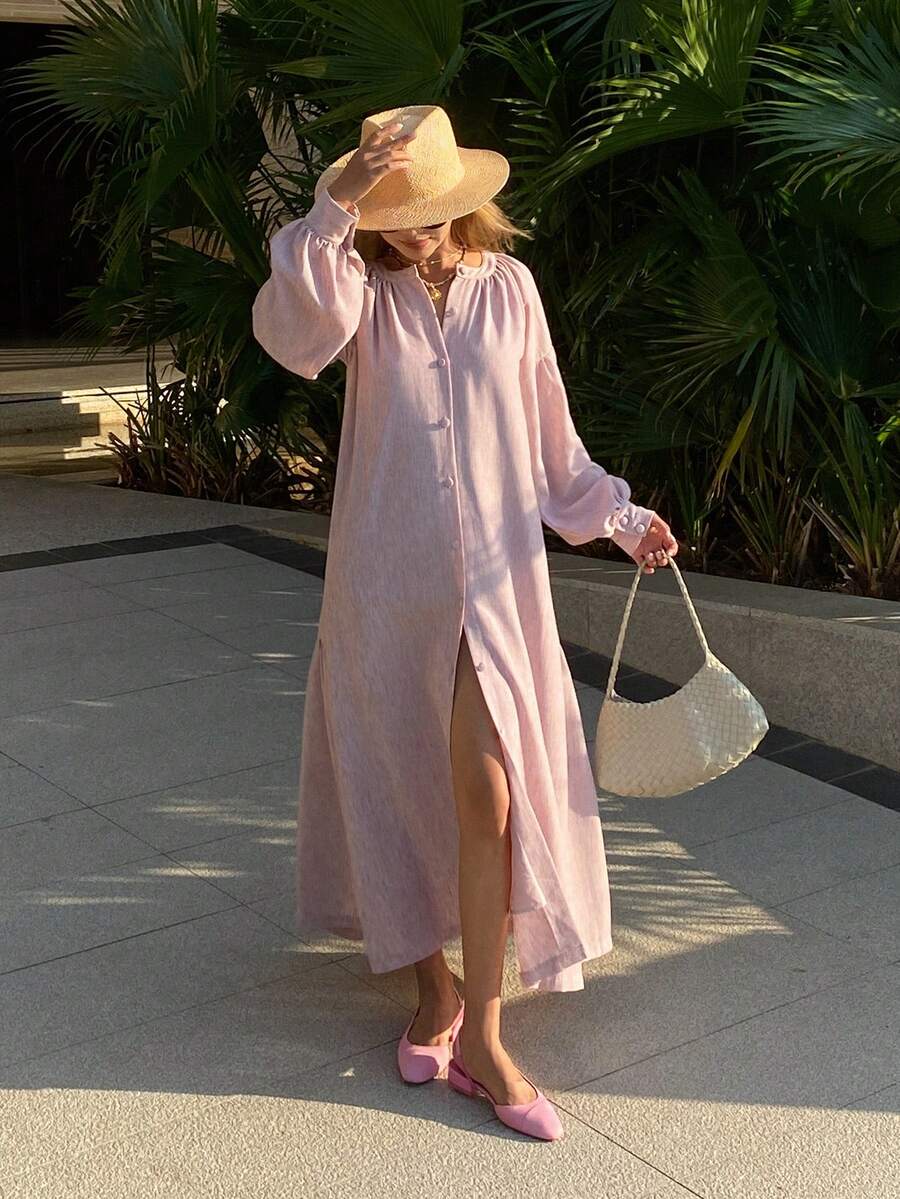 DAZY Midiklänning med puffärmar för kvinnor, avslappnad sommarklänning - Rosa - Visa 1