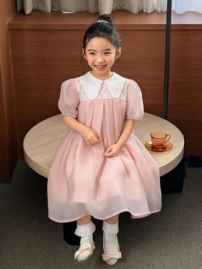 Dazy Kids 女童（小号）蕾丝拼接撞色领派对生日韩版优雅春夏可爱连衣裙