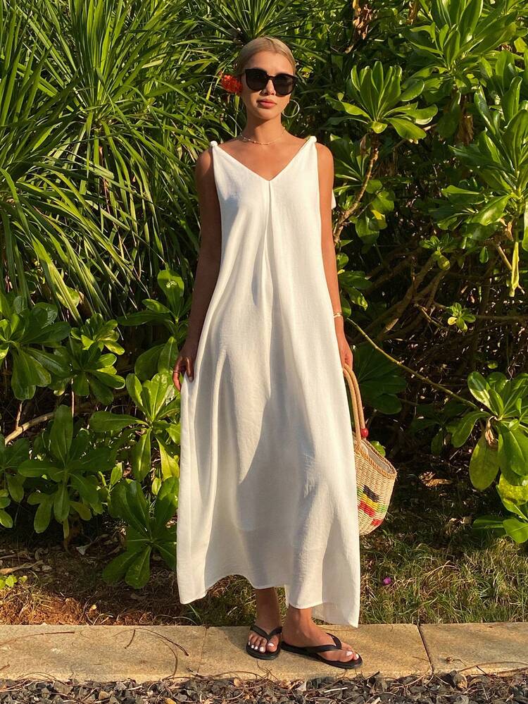 Women's Solid Color Loose Spaghetti Strap Twist Knot Open Back Pleated Elegant Dress, Suitable For Vacation, Spring/Autumn