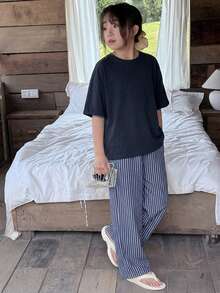 DAZY Tween Mädchen Pyjama-Set mit weiter passender einfarbiger T-Shirt und gestreifter weiter Hose, Frühling/Sommer/Herbst - marineblau - Übersicht 5
