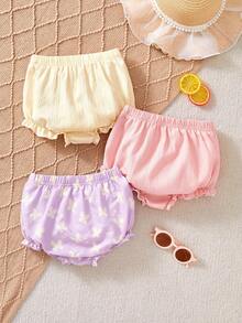 SHEIN Playful Pals 3件套女婴柔软彩色短裤套装，米色、白色、粉色，简约风格，宽松版型，适合户外玩耍、居家穿着，也适合各种派对场合，夏季适用 - 彩色 - 查看 2